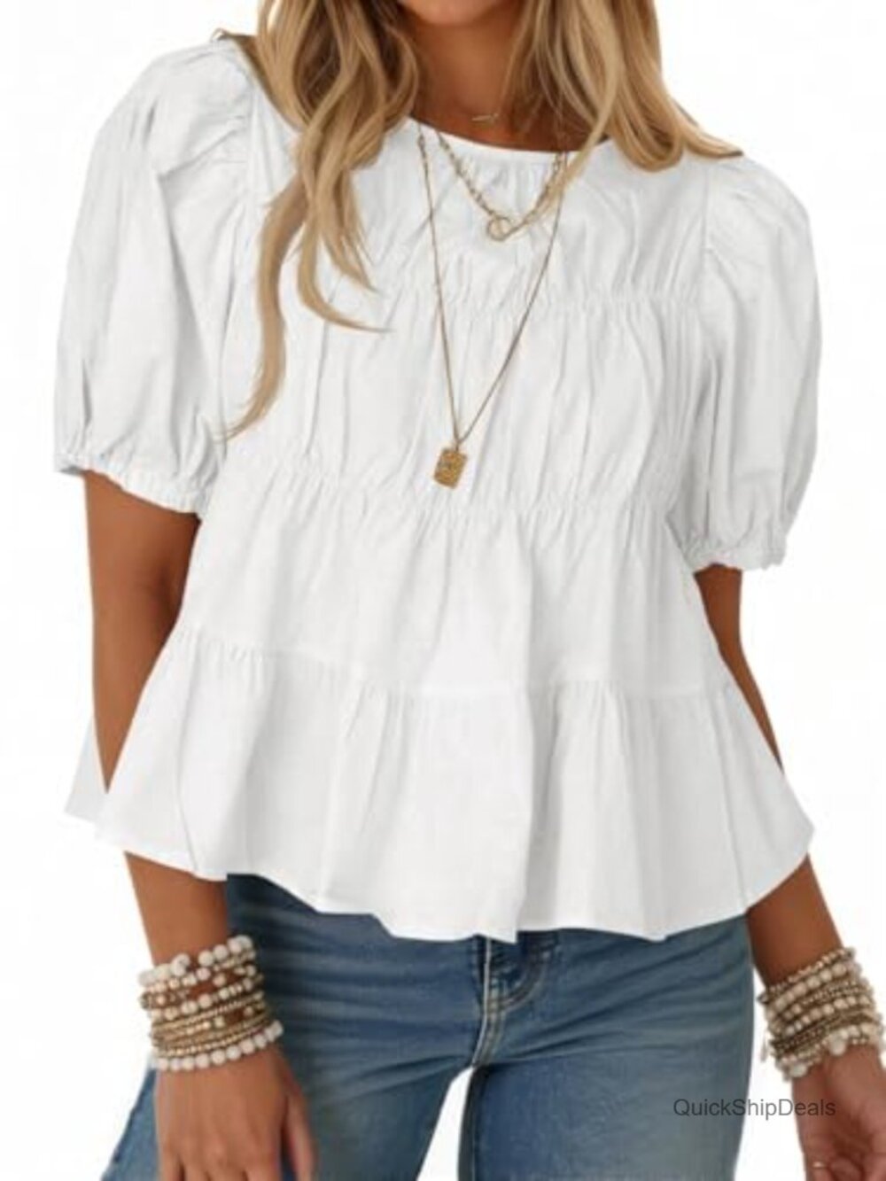 Cotton Puff Sleeve Peplum Babydoll Top Loose Fit Flowy T-Shirt Blouse